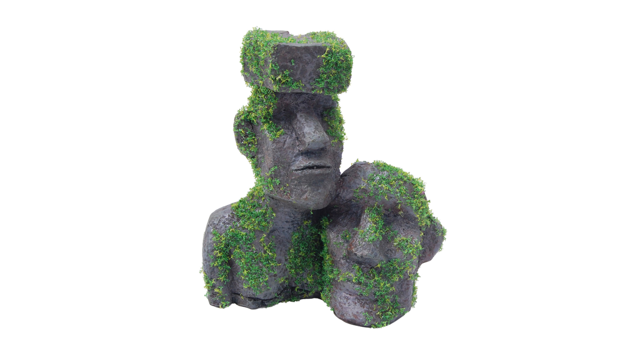 Twin Easter Island statues with moss