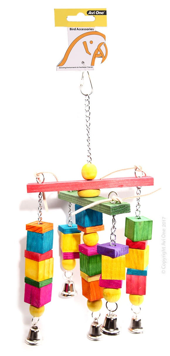 Leather Rope Coloured Wood Cube W.bell - Bird Toy