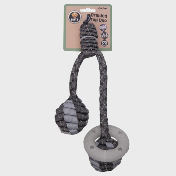 Dog Toy Blitz Braided Tug Duo W Glow In The Dark Ring Grey